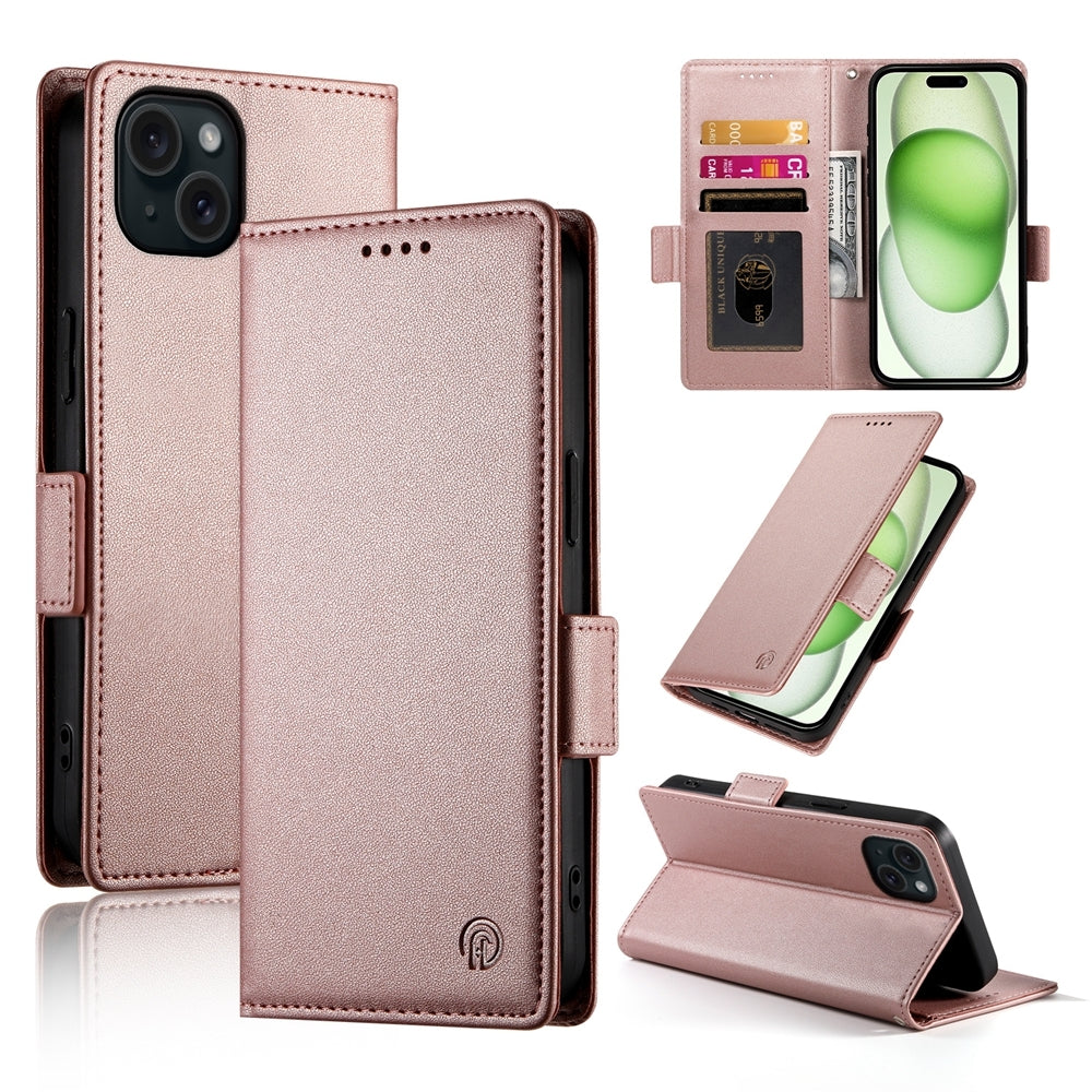 iPhone 15 Plus Magnetic Leather Wallet Case with Card Slots, Stand Function & Full Protection