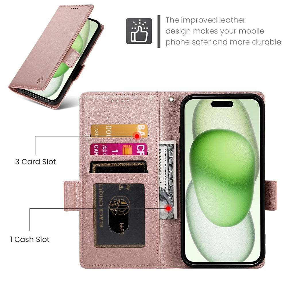 iPhone 15 Plus Magnetic Leather Wallet Case with Card Slots, Stand Function & Full Protection