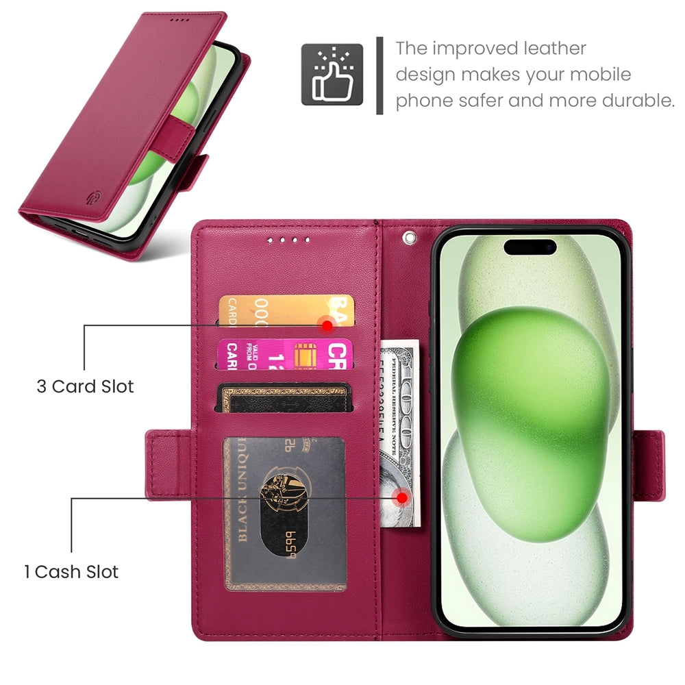 iPhone 15 Plus Magnetic Leather Wallet Case with Card Slots, Stand Function & Full Protection