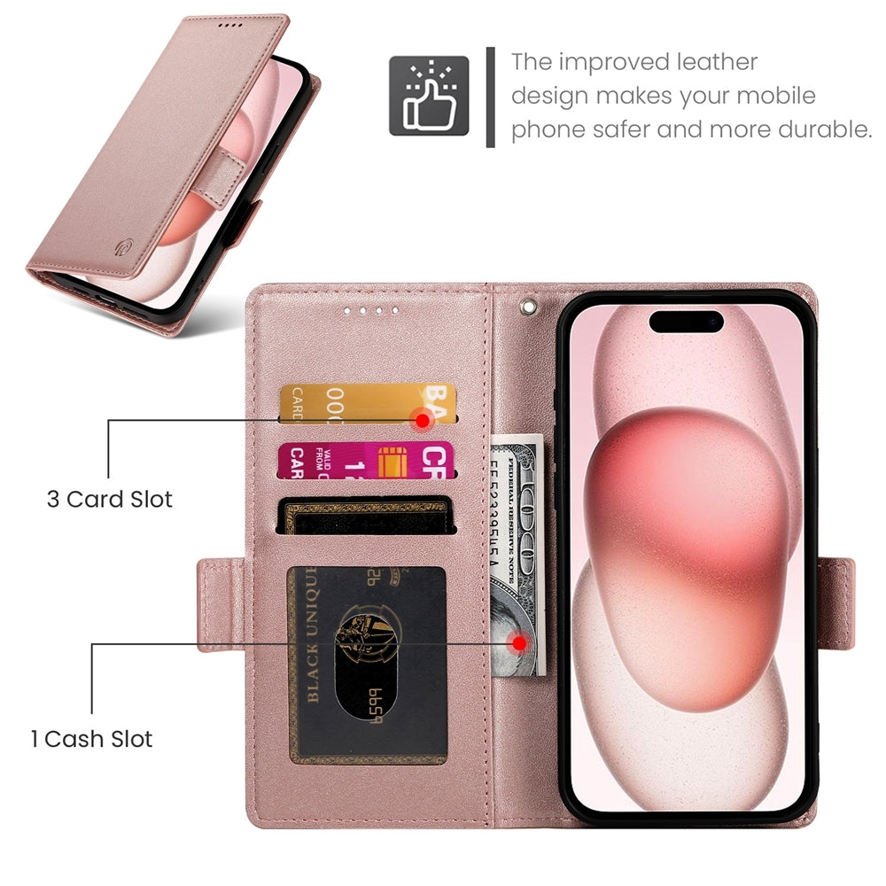 iPhone 15 Magnetic Leather Wallet Case with Card Slots, Stand Function & Full Protection