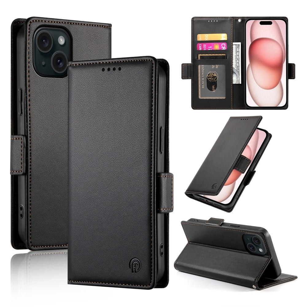 iPhone 15 Magnetic Leather Wallet Case with Card Slots, Stand Function & Full Protection