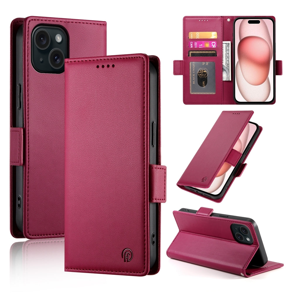iPhone 15 Magnetic Leather Wallet Case with Card Slots, Stand Function & Full Protection