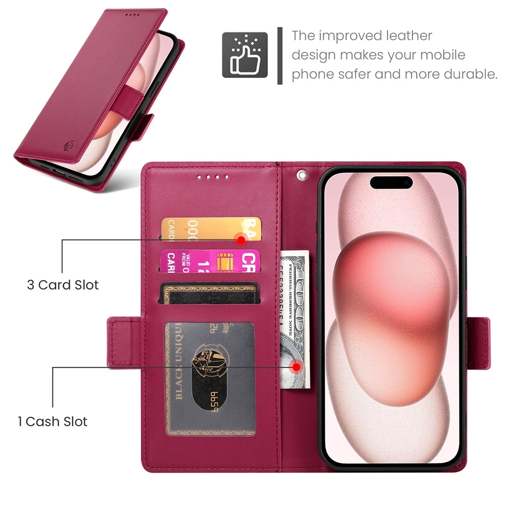 iPhone 15 Magnetic Leather Wallet Case with Card Slots, Stand Function & Full Protection