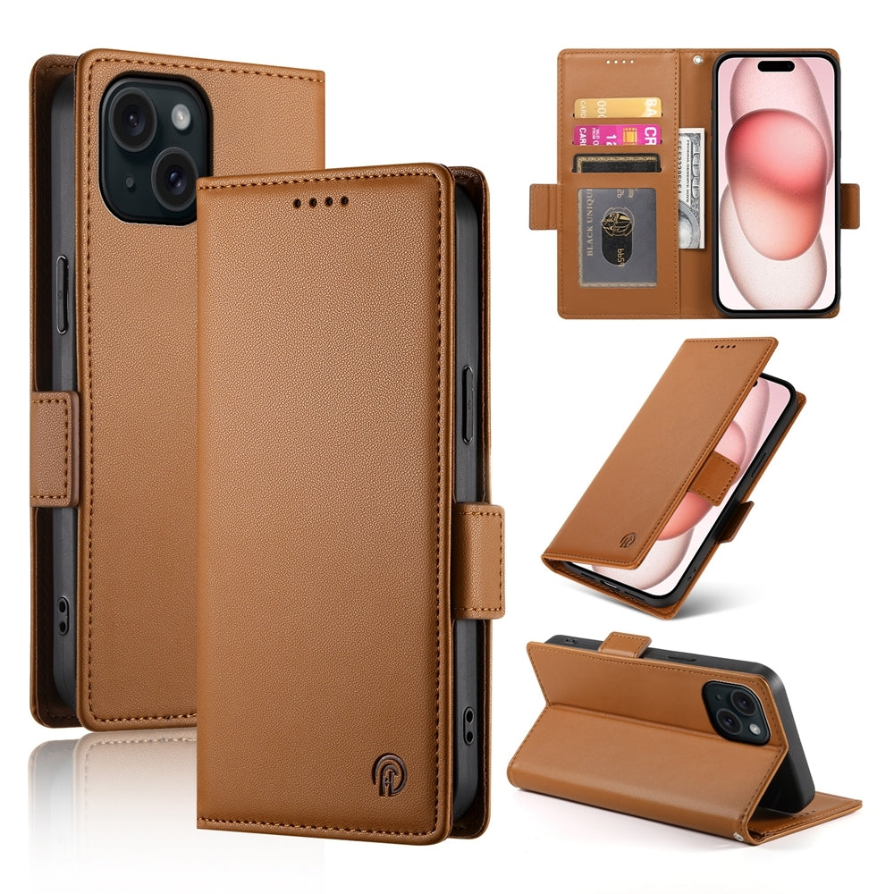 iPhone 15 Magnetic Leather Wallet Case with Card Slots, Stand Function & Full Protection