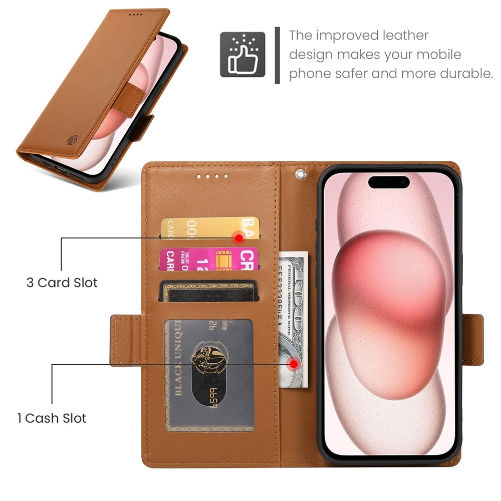 iPhone 15 Magnetic Leather Wallet Case with Card Slots, Stand Function & Full Protection