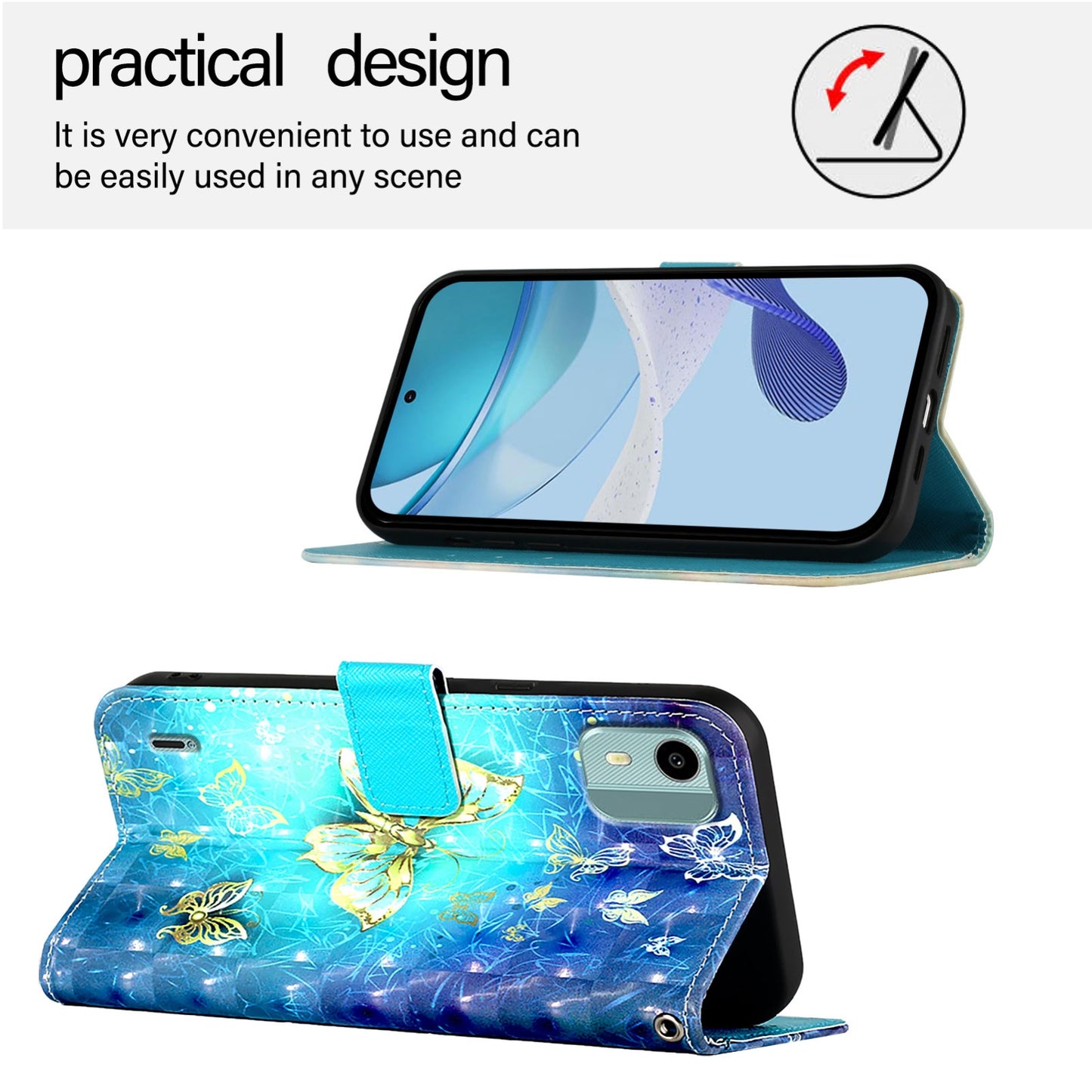 Nokia C12 Leather Flip Phone Case with 3D Painted Design, Card Holder, Wallet & Stand Function - Durable Protection & Easy Access