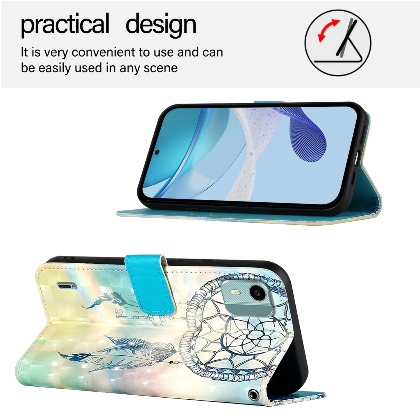 Nokia C12 Leather Flip Phone Case with 3D Painted Design, Card Holder, Wallet & Stand Function - Durable Protection & Easy Access