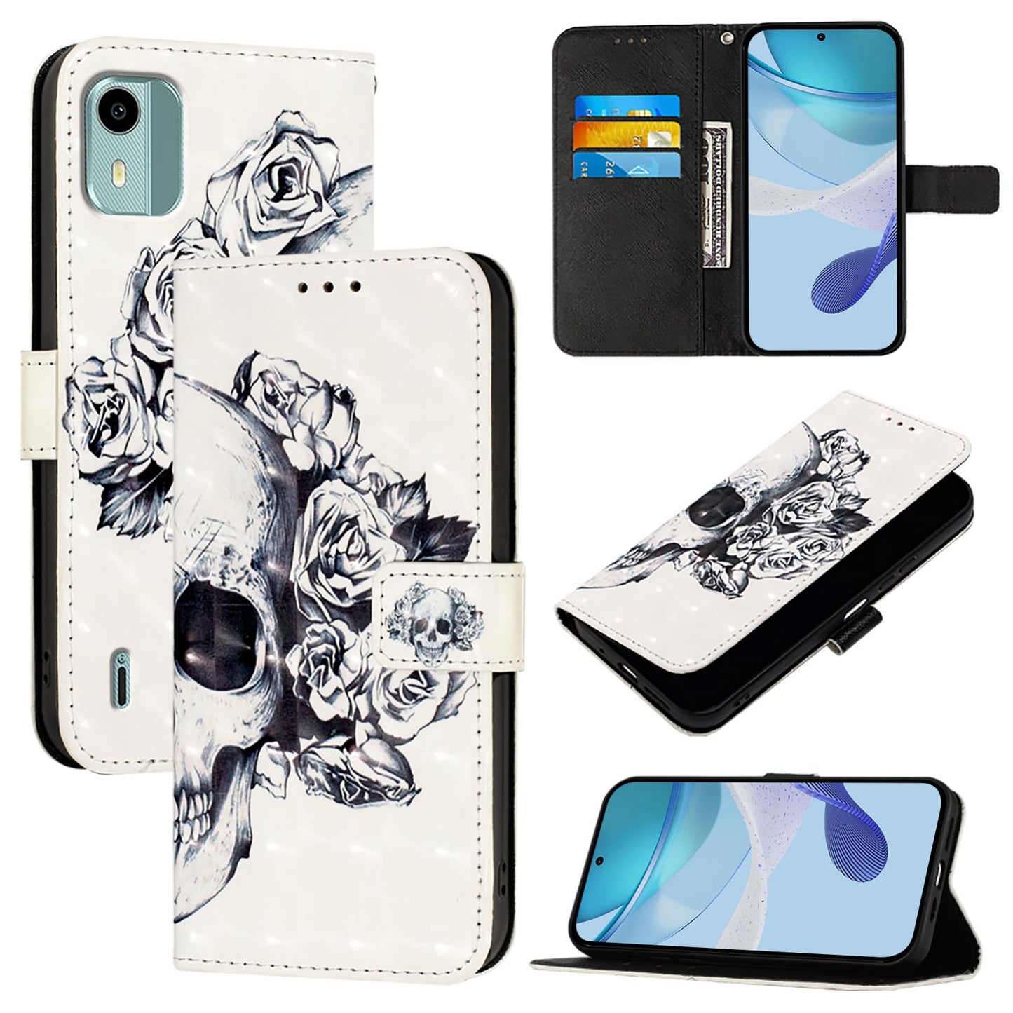 Nokia C12 Leather Flip Phone Case with 3D Painted Design, Card Holder, Wallet & Stand Function - Durable Protection & Easy Access