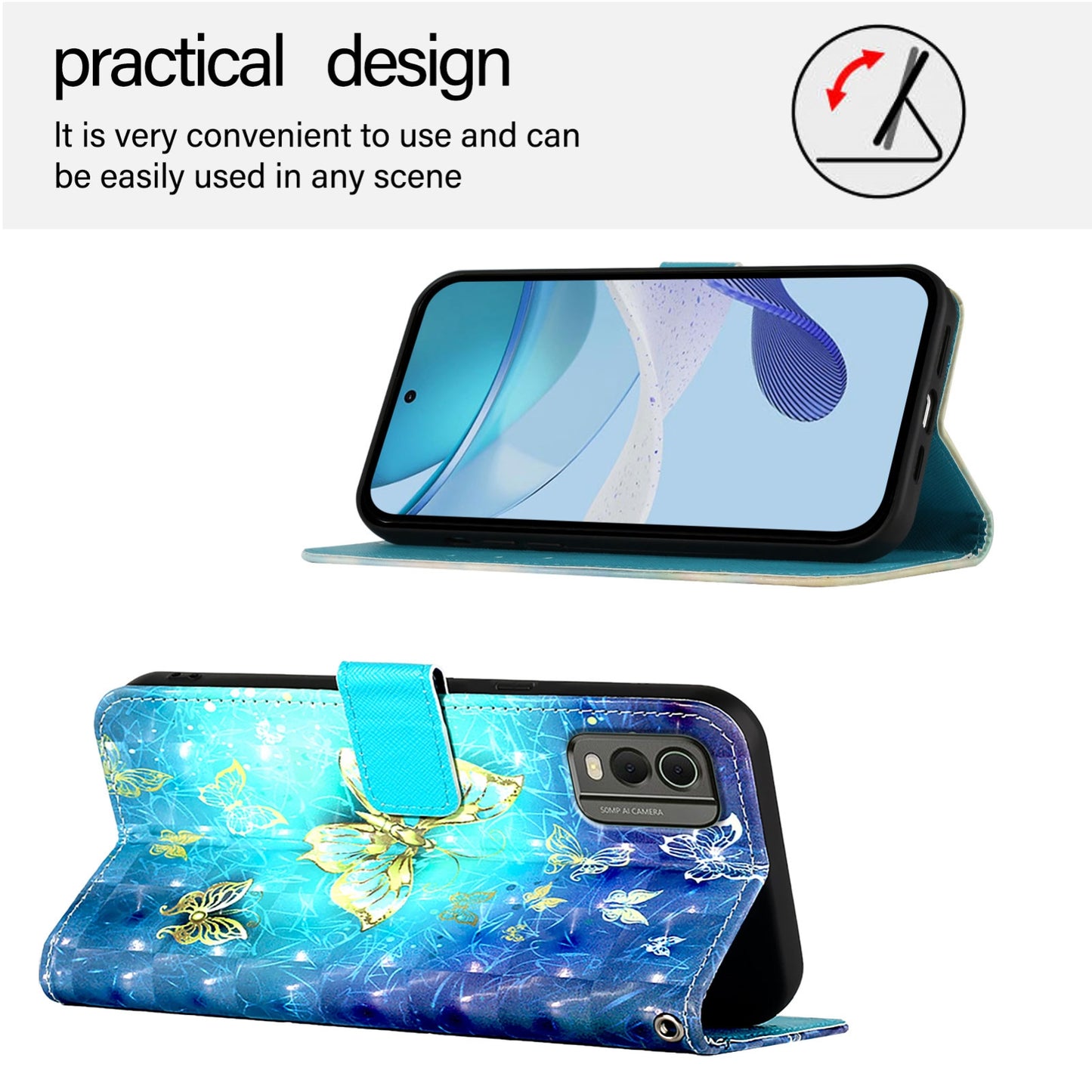 Nokia C32 Leather Flip Phone Case with 3D Painted Design, Card Holder, Wallet & Stand Function - Durable Protection & Easy Access