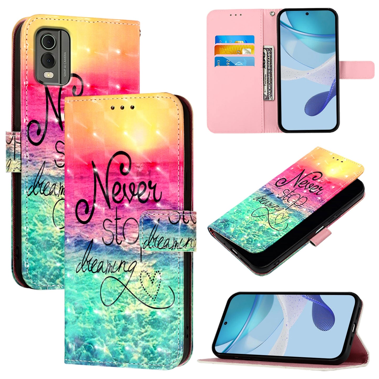 Nokia C32 Leather Flip Phone Case with 3D Painted Design, Card Holder, Wallet & Stand Function - Durable Protection & Easy Access