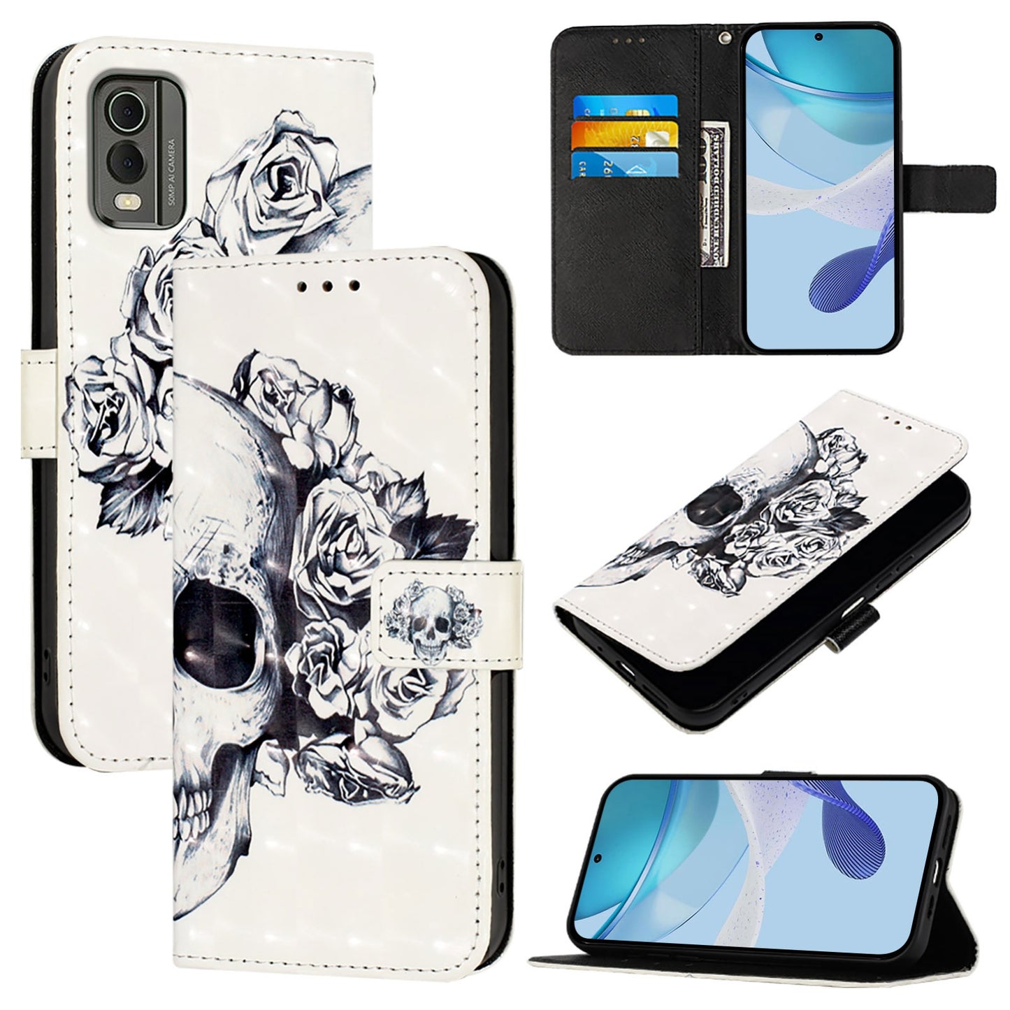 Nokia C32 Leather Flip Phone Case with 3D Painted Design, Card Holder, Wallet & Stand Function - Durable Protection & Easy Access