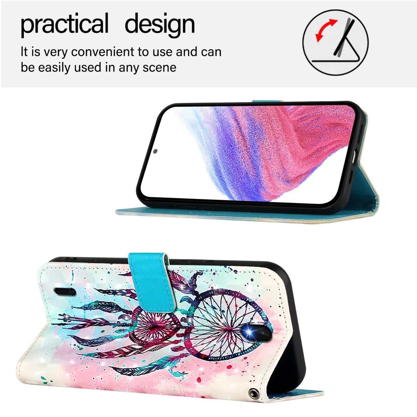 Nokia C1 2nd Edition Leather Flip Phone Case with 3D Painted Design, Card Holder, Wallet & Stand Function - Durable Protection & Easy Access