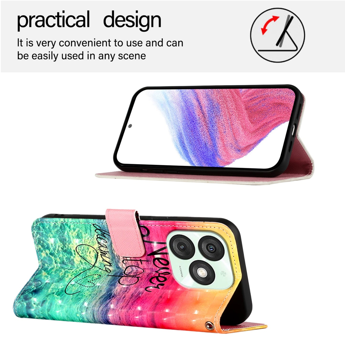 Itel A50 Leather Flip Phone Case with 3D Painted Design, Card Holder, Wallet & Stand Function - Durable Protection & Easy Access