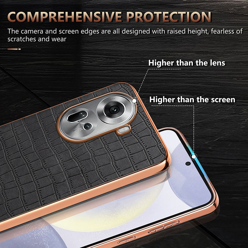 OPPO Reno11 Global Luxury Case - Electroplated Frame, Crocodile Texture Leather, Full Coverage Protection, Anti-Fingerprint & Shockproof