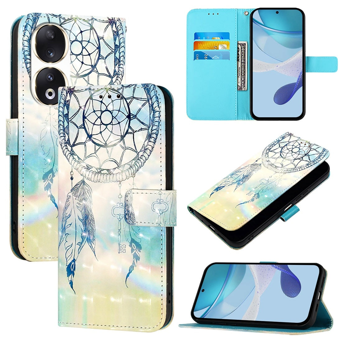 Honor 90 Leather Flip Phone Case with 3D Painted Design, Card Holder, Wallet & Stand Function - Durable Protection & Easy Access