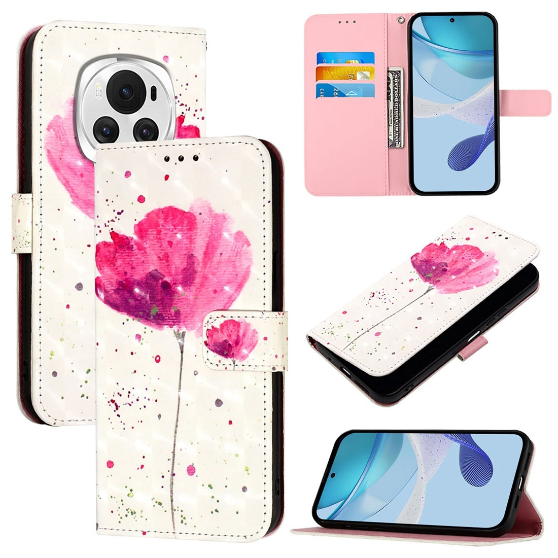 Honor Magic6 Global Leather Flip Phone Case with 3D Painted Design, Card Holder, Wallet & Stand Function - Durable Protection & Easy Access