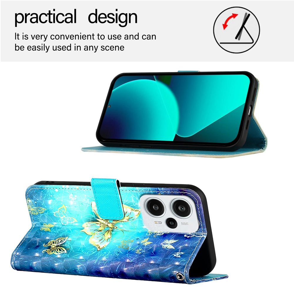 Xiaomi Poco F5 Leather Flip Phone Case with 3D Painted Design, Card Holder, Wallet & Stand Function - Durable Protection & Easy Access