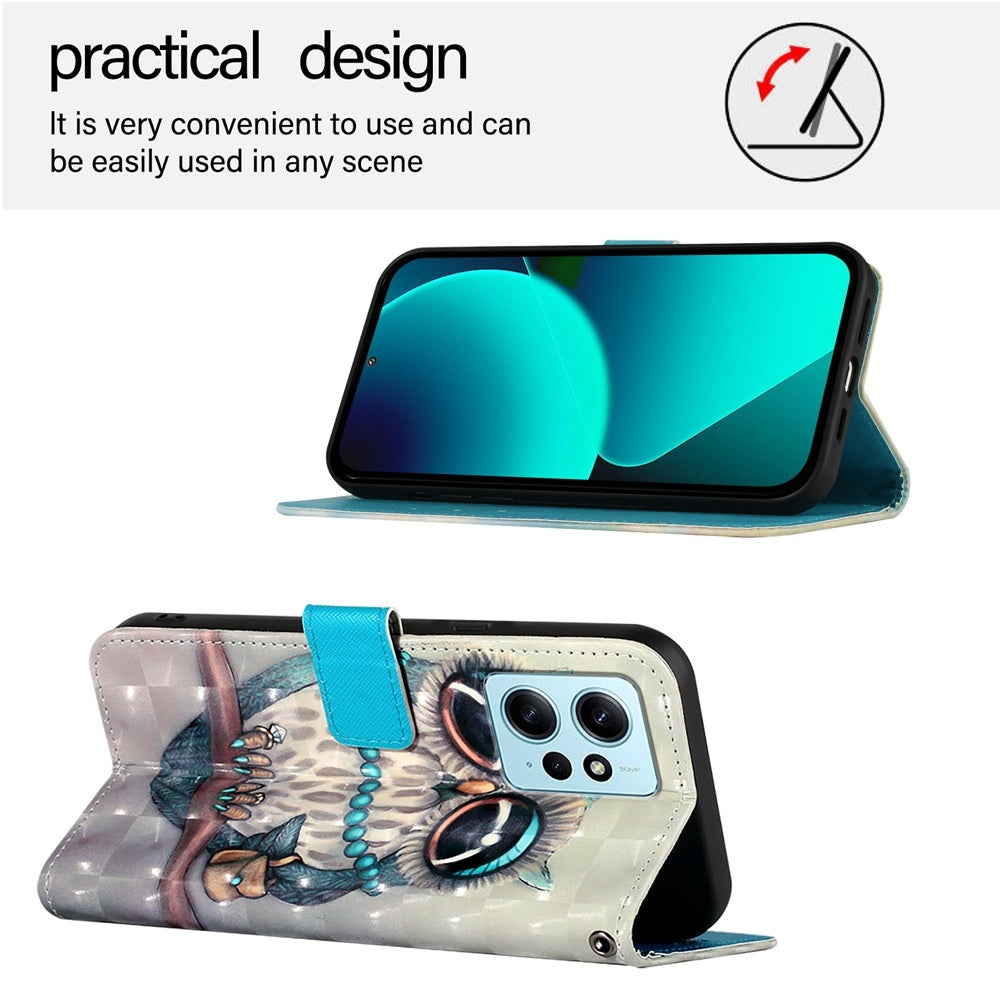Redmi Note 12 4G Global Leather Flip Phone Case with 3D Painted Design, Card Holder, Wallet & Stand Function - Durable Protection & Easy Access