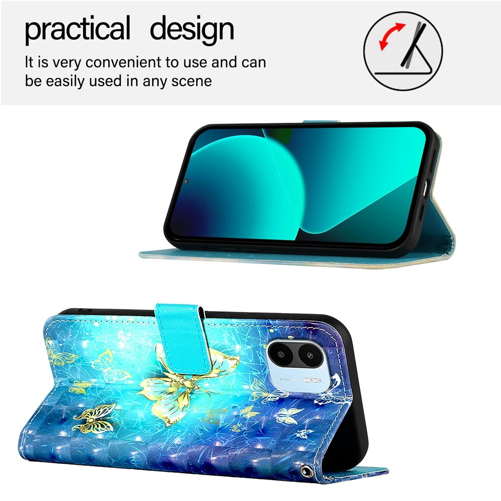 Redmi A1 4G Global Leather Flip Phone Case with 3D Painted Design, Card Holder, Wallet & Stand Function - Durable Protection & Easy Access