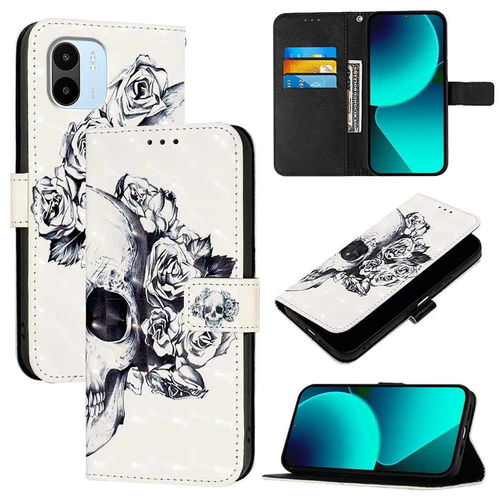 Redmi A1 4G Global Leather Flip Phone Case with 3D Painted Design, Card Holder, Wallet & Stand Function - Durable Protection & Easy Access
