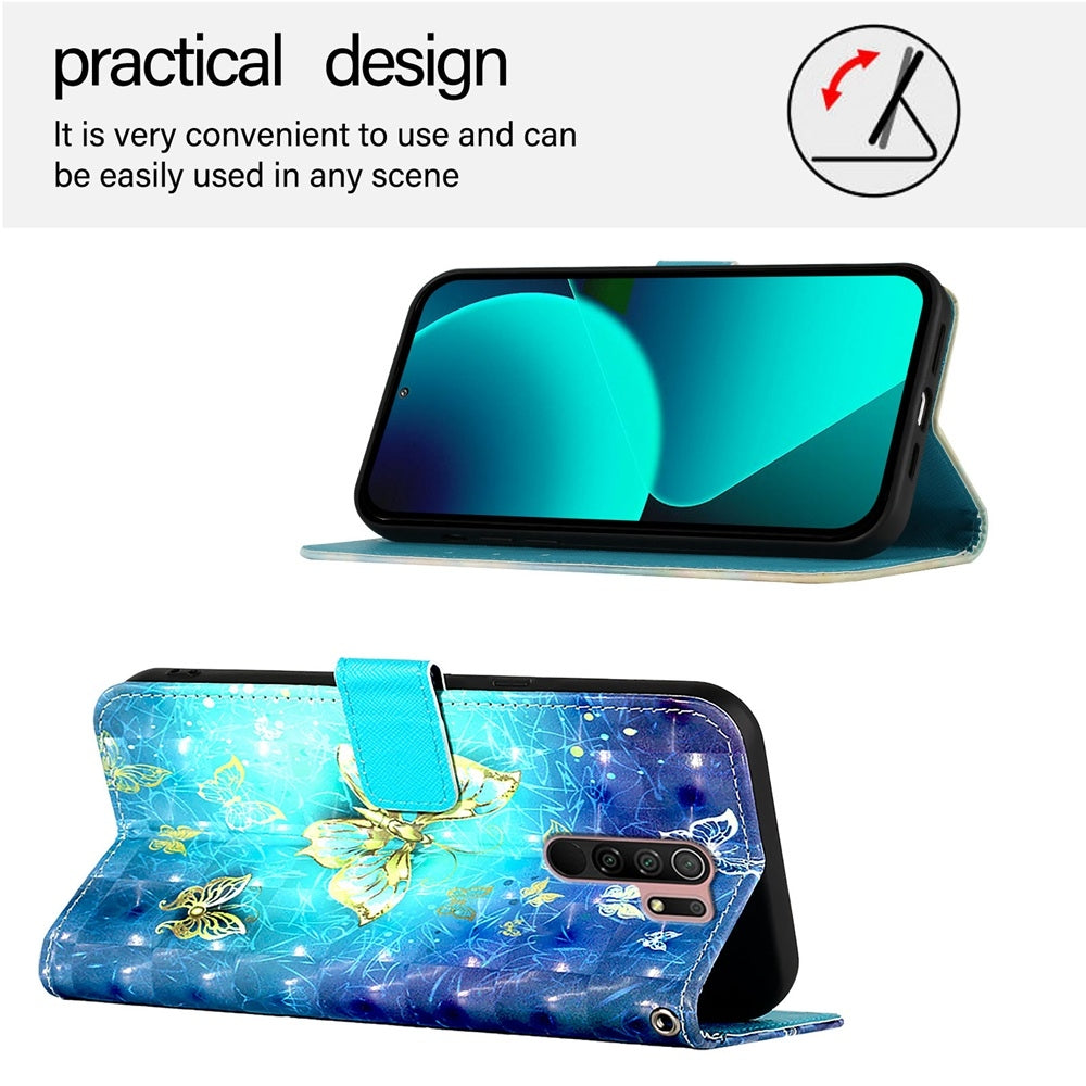 Redmi 9 Leather Flip Phone Case with 3D Painted Design, Card Holder, Wallet & Stand Function - Durable Protection & Easy Access