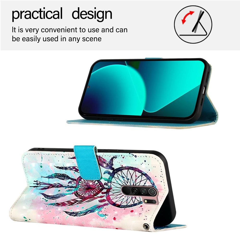 Redmi 9 Leather Flip Phone Case with 3D Painted Design, Card Holder, Wallet & Stand Function - Durable Protection & Easy Access