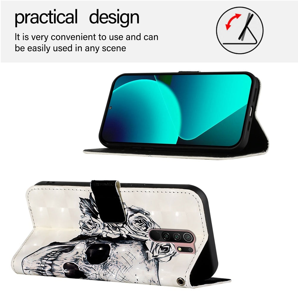 Redmi 9 Leather Flip Phone Case with 3D Painted Design, Card Holder, Wallet & Stand Function - Durable Protection & Easy Access