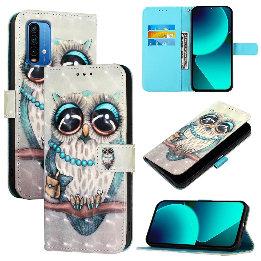 Redmi 9T Global Leather Flip Phone Case with 3D Painted Design, Card Holder, Wallet & Stand Function - Durable Protection & Easy Access