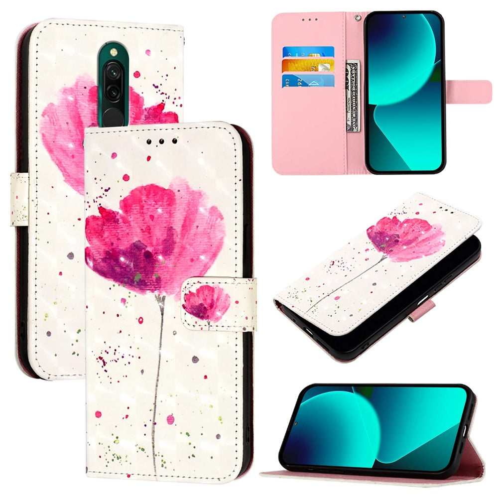 Redmi 8 Leather Flip Phone Case with 3D Painted Design, Card Holder, Wallet & Stand Function - Durable Protection & Easy Access