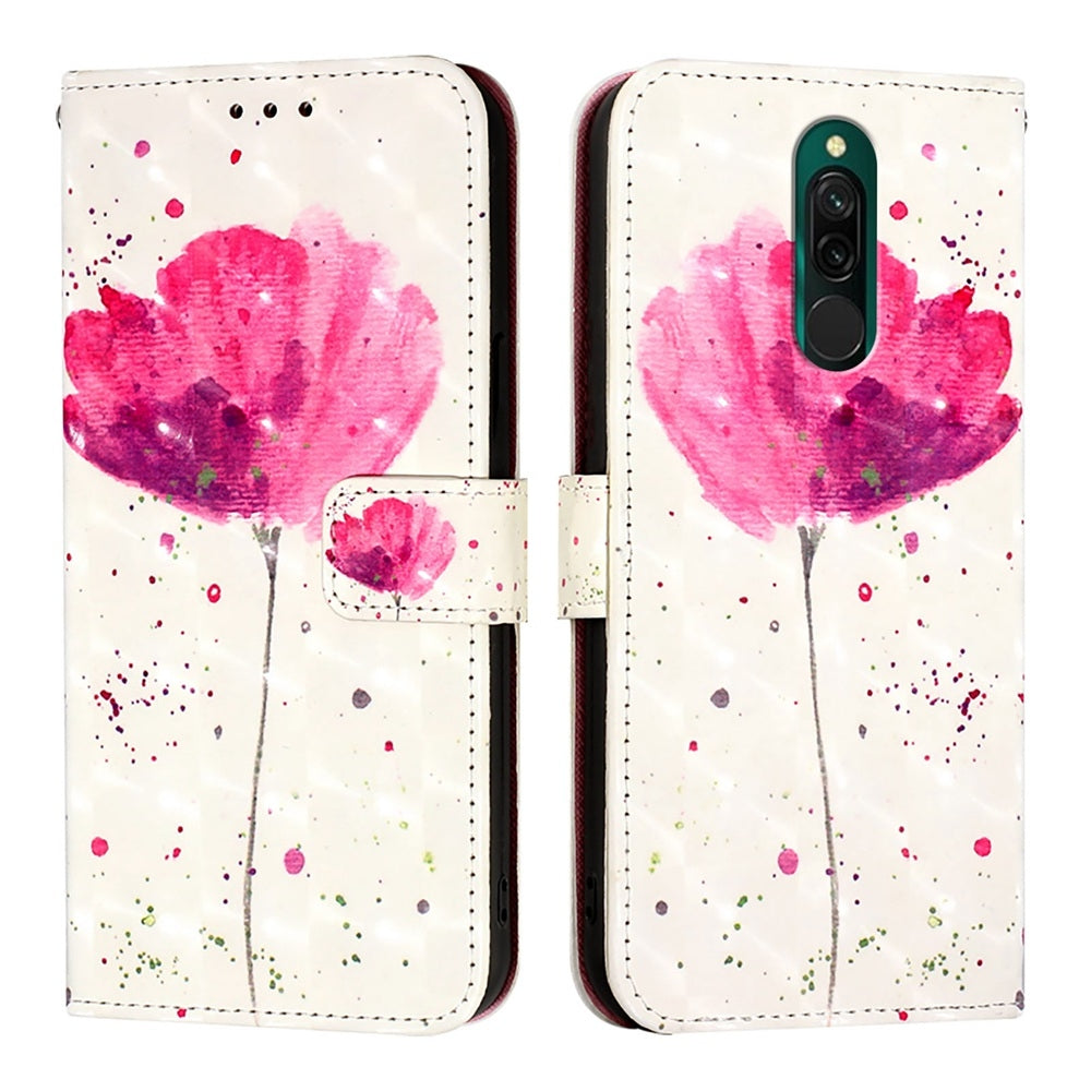 Redmi 8 Leather Flip Phone Case with 3D Painted Design, Card Holder, Wallet & Stand Function - Durable Protection & Easy Access