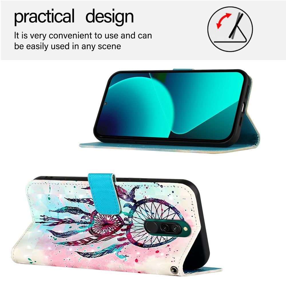 Redmi 8 Leather Flip Phone Case with 3D Painted Design, Card Holder, Wallet & Stand Function - Durable Protection & Easy Access