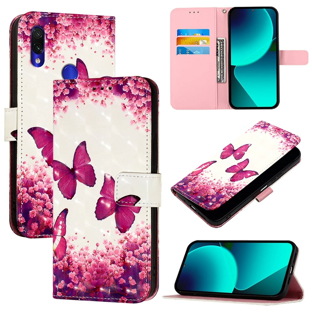 Redmi Note 7S Leather Flip Phone Case with 3D Painted Design, Card Holder, Wallet & Stand Function - Durable Protection & Easy Access