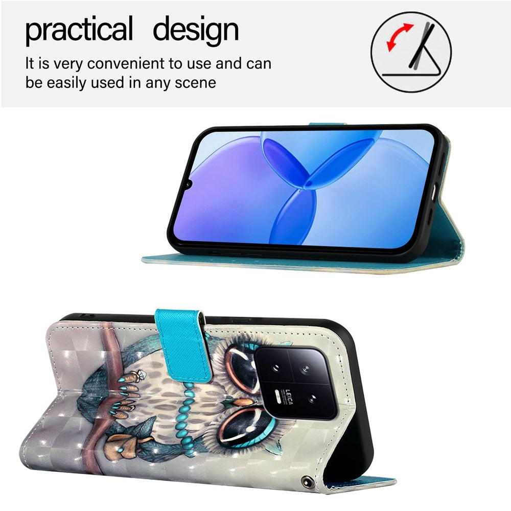 Xiaomi 13 Leather Flip Phone Case with 3D Painted Design, Card Holder, Wallet & Stand Function - Durable Protection & Easy Access