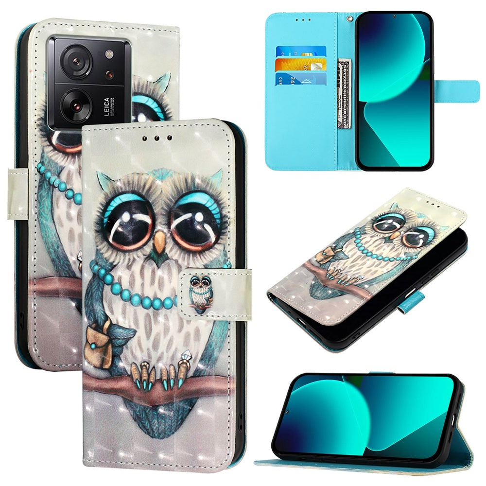 Xiaomi 13T Global Leather Flip Phone Case with 3D Painted Design, Card Holder, Wallet & Stand Function - Durable Protection & Easy Access
