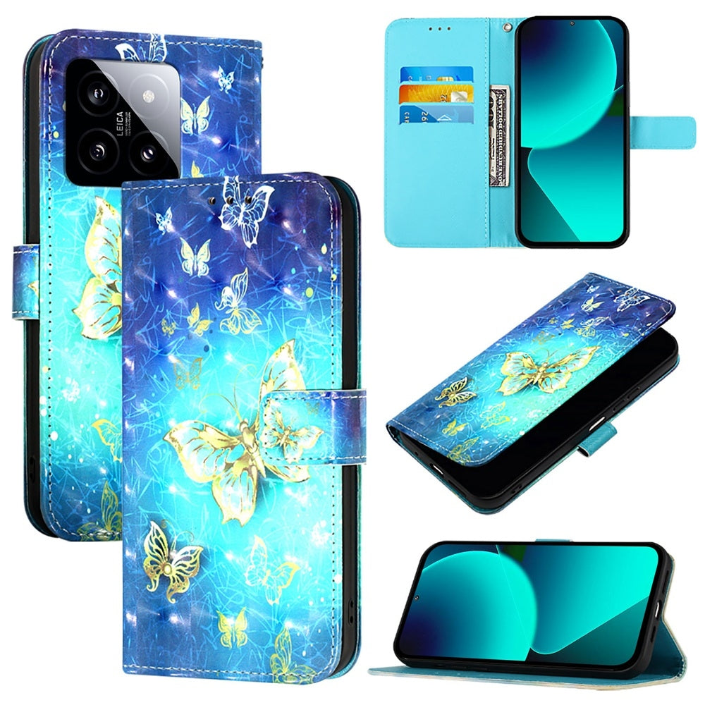 Xiaomi 14 Leather Flip Phone Case with 3D Painted Design, Card Holder, Wallet & Stand Function - Durable Protection & Easy Access