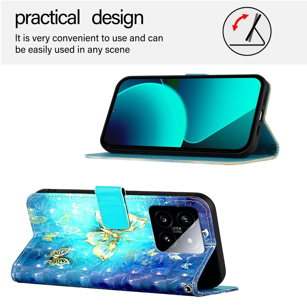 Xiaomi 14 Leather Flip Phone Case with 3D Painted Design, Card Holder, Wallet & Stand Function - Durable Protection & Easy Access