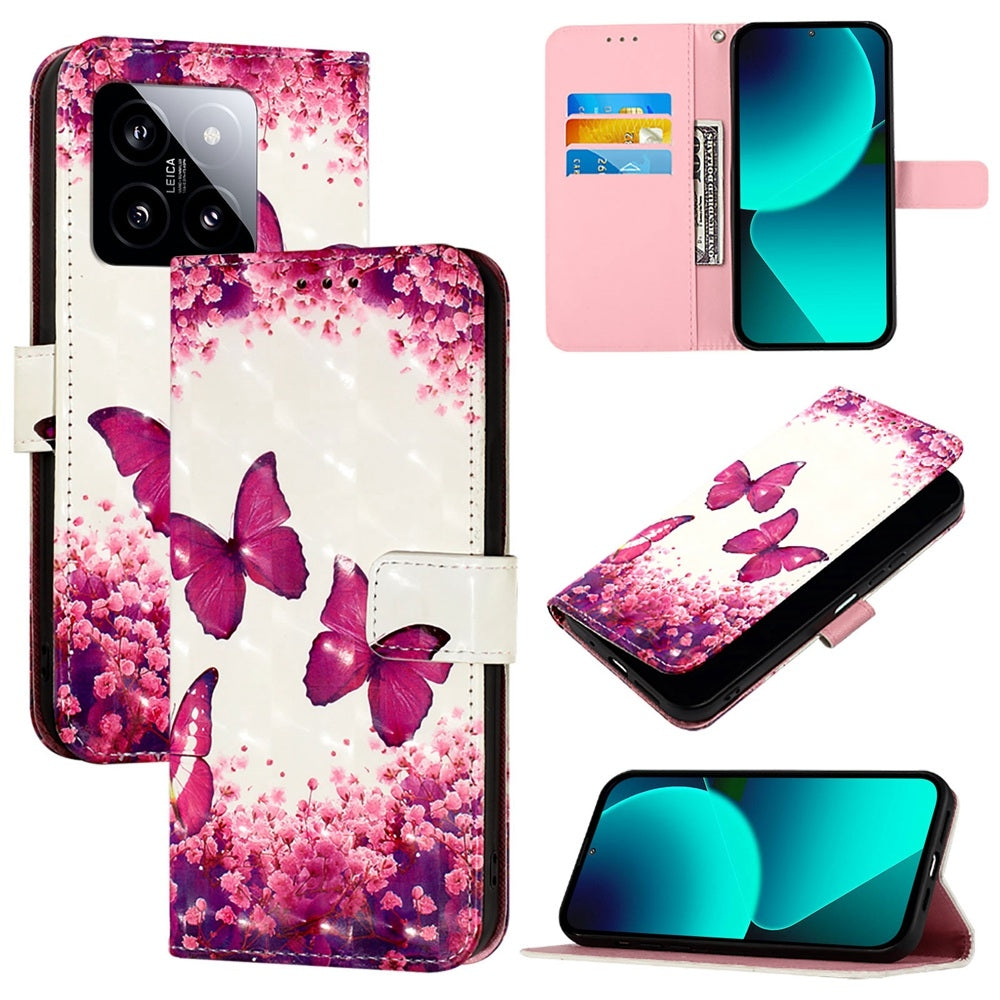 Xiaomi 14 Leather Flip Phone Case with 3D Painted Design, Card Holder, Wallet & Stand Function - Durable Protection & Easy Access