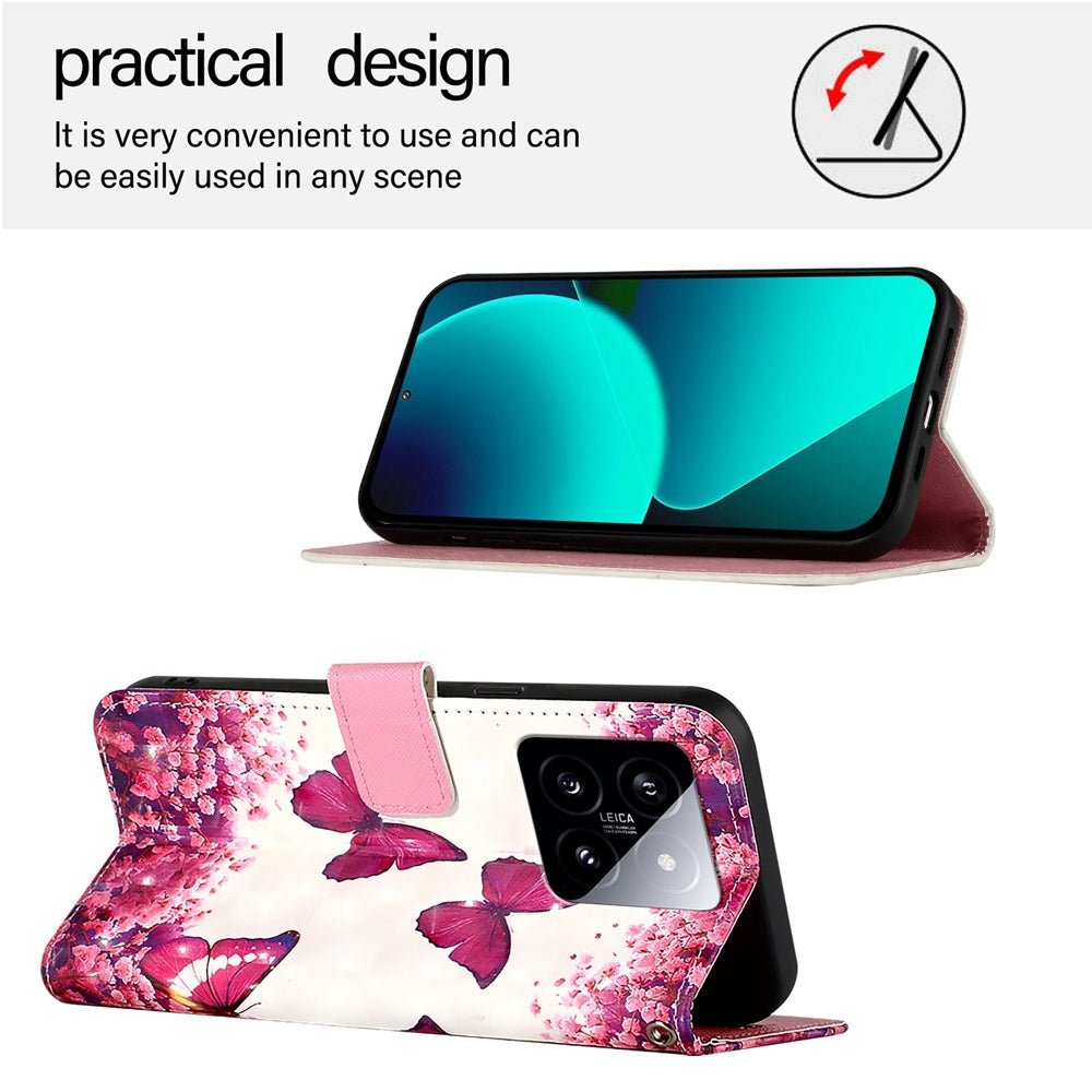 Xiaomi 14 Leather Flip Phone Case with 3D Painted Design, Card Holder, Wallet & Stand Function - Durable Protection & Easy Access