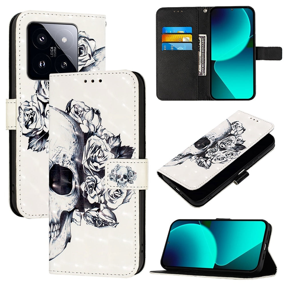 Xiaomi 14 Pro Leather Flip Phone Case with 3D Painted Design, Card Holder, Wallet & Stand Function - Durable Protection & Easy Access
