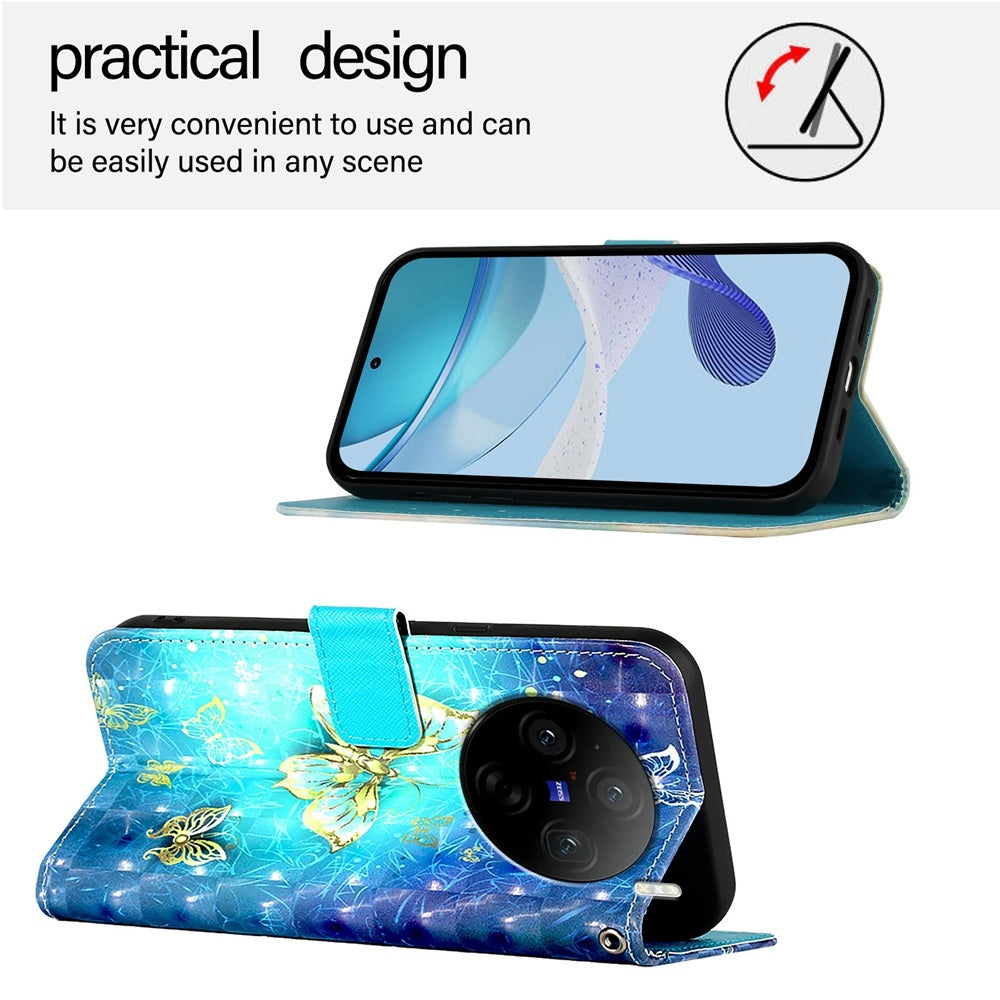 vivo X100s Leather Flip Phone Case with 3D Painted Design, Card Holder, Wallet & Stand Function - Durable Protection & Easy Access