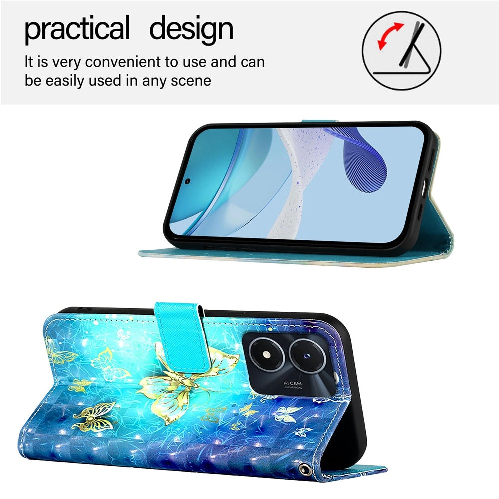 vivo Y02s Leather Flip Phone Case with 3D Painted Design, Card Holder, Wallet & Stand Function - Durable Protection & Easy Access