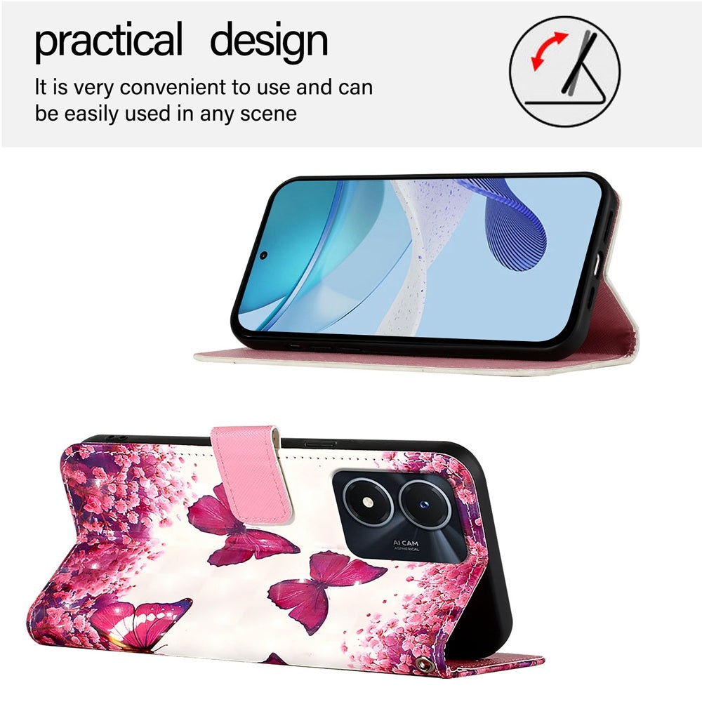 For vivo Y35 5G Leather Flip Phone Case with 3D Painted Design, Card Holder, Wallet & Stand Function - Durable Protection & Easy Access