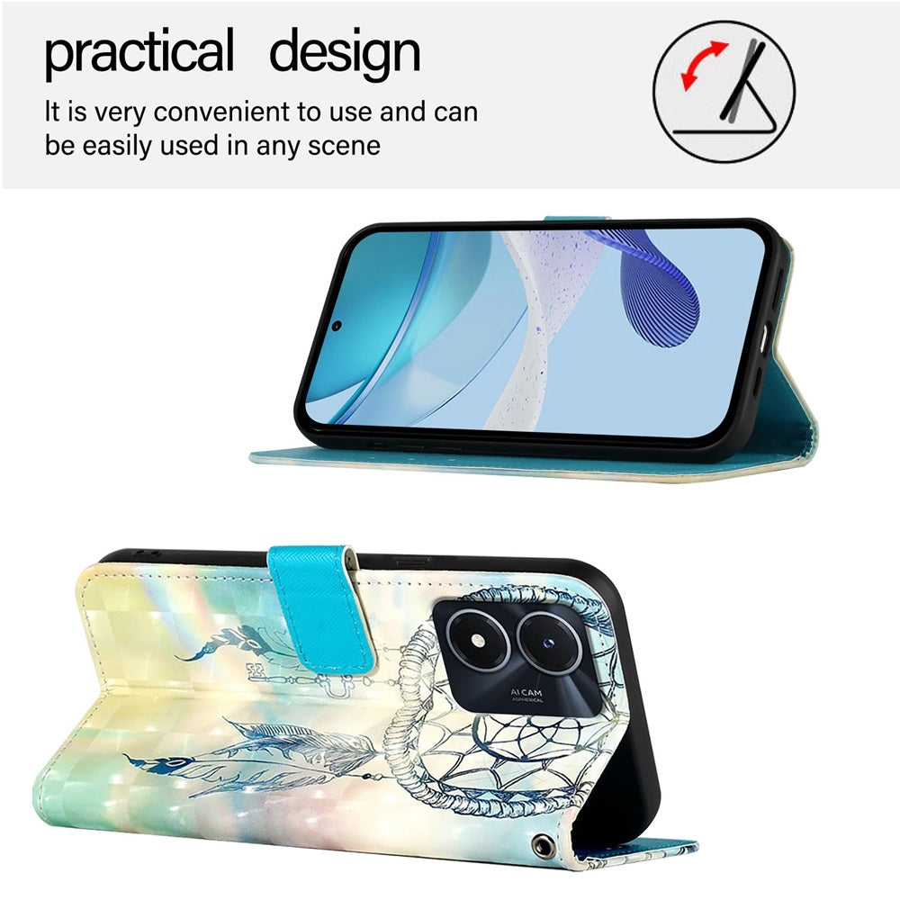 vivo Y02s Leather Flip Phone Case with 3D Painted Design, Card Holder, Wallet & Stand Function - Durable Protection & Easy Access