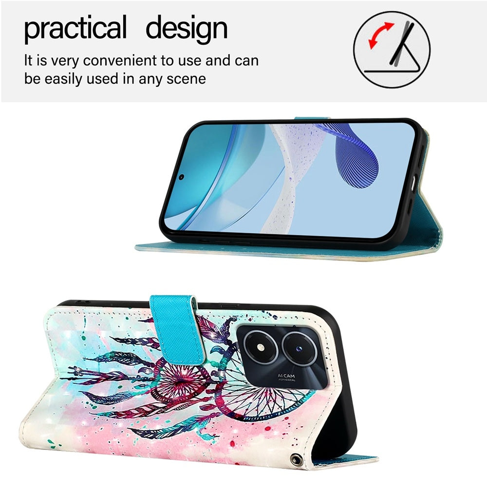 For vivo Y35 5G Leather Flip Phone Case with 3D Painted Design, Card Holder, Wallet & Stand Function - Durable Protection & Easy Access