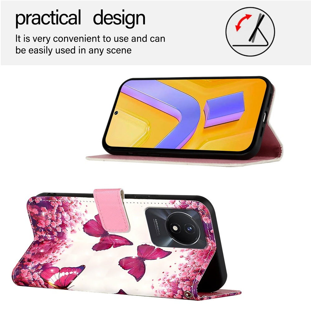 vivo Y02t Leather Flip Phone Case with 3D Painted Design, Card Holder, Wallet & Stand Function - Durable Protection & Easy Access