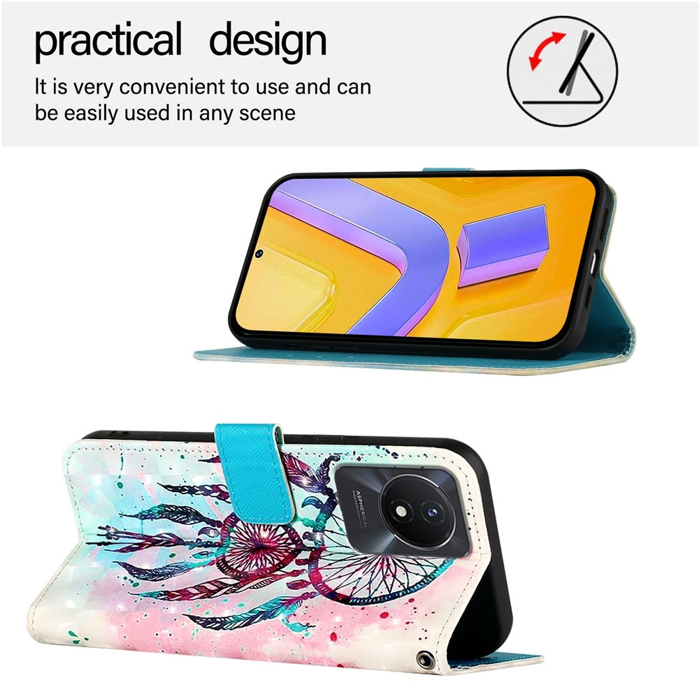 vivo Y02A Leather Flip Phone Case with 3D Painted Design, Card Holder, Wallet & Stand Function - Durable Protection & Easy Access