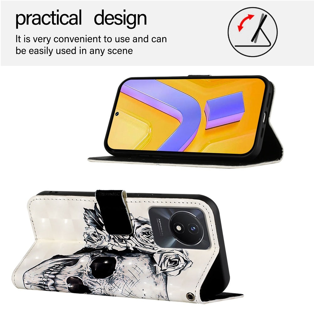 vivo Y11 2023 Leather Flip Phone Case with 3D Painted Design, Card Holder, Wallet & Stand Function - Durable Protection & Easy Access