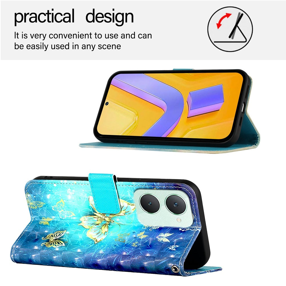 vivo Y03 Global Leather Flip Phone Case with 3D Painted Design, Card Holder, Wallet & Stand Function - Durable Protection & Easy Access