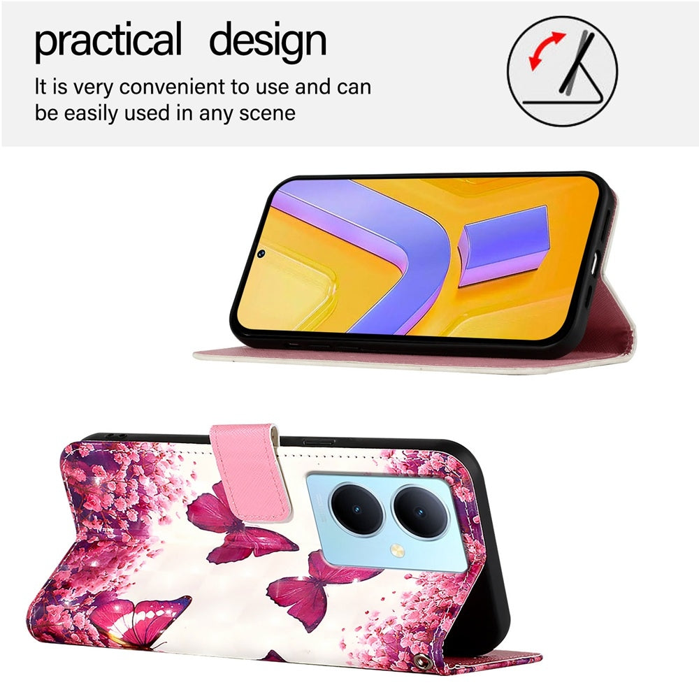 For vivo Y78+ Global Leather Flip Phone Case with 3D Painted Design, Card Holder, Wallet & Stand Function - Durable Protection & Easy Access