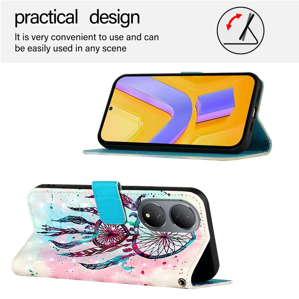 vivo Y100 5G Global Leather Flip Phone Case with 3D Painted Design, Card Holder, Wallet & Stand Function - Durable Protection & Easy Access